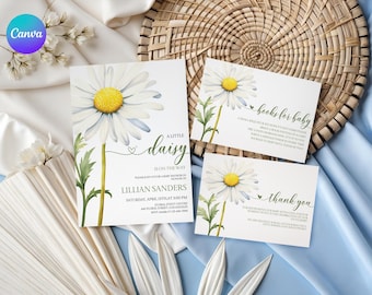 Little Daisy Baby Shower Invitation Set, Watercolor Daisy Baby Shower Evite, Summer Baby in Bloom Shower Invite, White Daisy Baby Invite