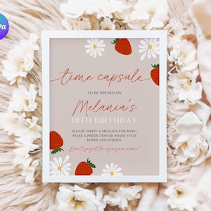 Capsule temporelle premier anniversaire florale fraise, signe capsule temporelle 1er anniversaire fruit, carte d'activités 1er anniversaire douce modifiable baies SW1