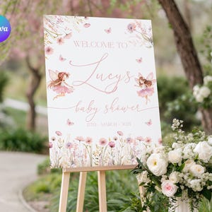 Little Fairy Baby Shower Welcome Sign, Fairy on the Way Party Welcome Poster, Wildflower Baby Welcome Board Template, Fairy Party Decor AF2