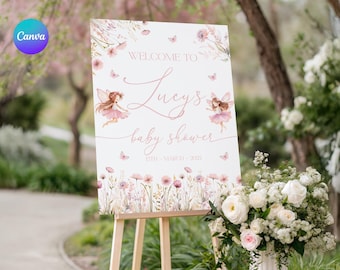 Little Fairy Baby Shower Welcome Sign, Fairy on the Way Party Welcome Poster, Wildflower Baby Welcome Board Template, Fairy Party Decor AF2