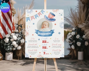 Little Firecracker 1st Birthday Milestone Board, Editable Firecracker First Year Stats Poster, Fourth of July Birthday Milestone Sign FO1