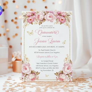 Invito Quinceañera rosa tenue, Invito Quinceañera rosa cipria, Invito Quinceañera floreale, Invito ragazza 15esimo compleanno, Fiore Mis Quince Anos