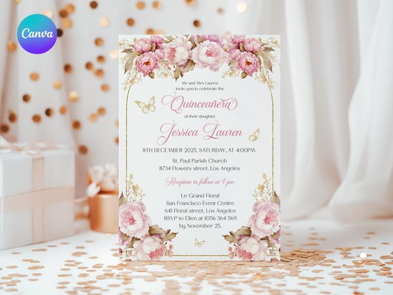 Soft Pink Quinceañera Invitation, Blush Pink Quince Evite, Floral Quinceañera Invite, Girl 15th Birthday Invite, Flower Mis Quince Anos