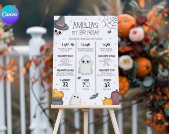 Marco do primeiro aniversário de Halloween, pôster com estatísticas assustadoras de um aniversário, decoração assustadora de festa de primeiro aniversário, marco da festa de aniversário HA1
