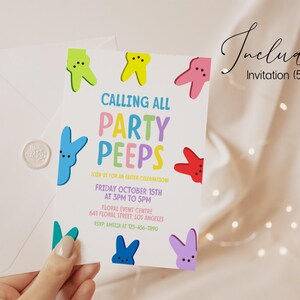 May include: A colorful invitation with the text "Calling All Party Peeps" and a variety of pastel-colored marshmallow peeps. The invitation is for an Easter celebration on Friday, October 15th at 3pm to 5pm at the Floral Event Centre, 641 Floral Street, Los Angeles. RSVP to Amelia at 123-456-7890.