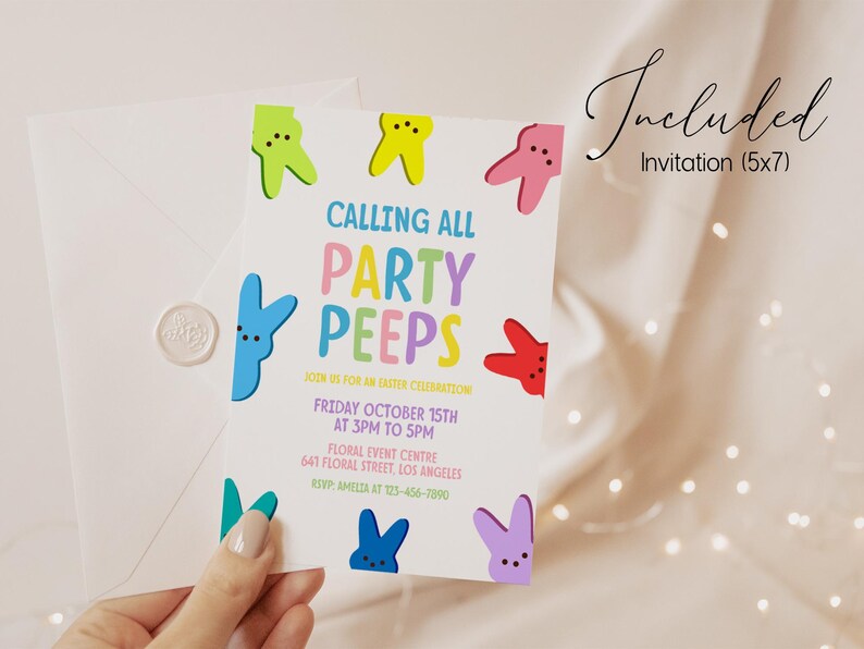May include: A colorful invitation with the text "Calling All Party Peeps" and a variety of pastel-colored marshmallow peeps. The invitation is for an Easter celebration on Friday, October 15th at 3pm to 5pm at the Floral Event Centre, 641 Floral Street, Los Angeles. RSVP to Amelia at 123-456-7890.