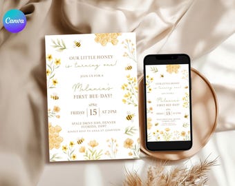 Bee First Birthday Invitation Set, Floral Bee Birthday Invite, Honey 1st Bee Day Birthday Evite, Bumblebee First Birthday Invitation ZU1