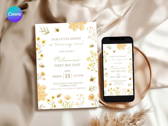 Bee First Birthday Invitation Set, Floral Bee Birthday Invite, Honey 1st Bee Day Birthday Evite, Bumblebee First Birthday Invitation ZU1