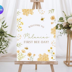 Cartello di benvenuto per il primo compleanno di Bee, poster di benvenuto per il primo compleanno di Bumblebee, cartello di benvenuto stampabile per la festa del primo giorno delle api, benvenuto per la festa del miele ZU1