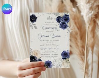 May include: A white and blue floral Quinceañera invitation with a crown and the text "Quinceañera" and "Jessica Lauren". The invitation includes the date, time, and location of the event.