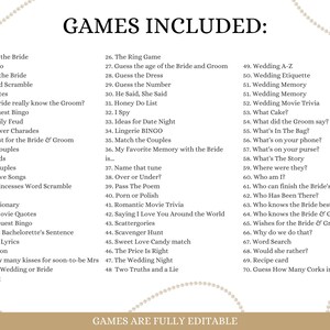 May include: A list of 70 games for a bridal shower or hen party. The games are listed in numerical order and include titles like "All Eyes on the Bride", "Guess the Number", "Wedding A-Z", and "Guess How Many Corks in the Bottle".