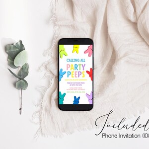 May include: A phone screen displaying a colorful invitation for a "Party Peeps" event. The invitation features a variety of colorful marshmallow peeps with the text "Calling all Party Peeps" and "Friday, October 15th at 3 PM to 5 PM".
