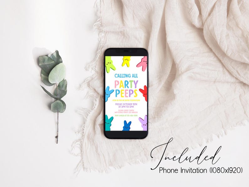 May include: A phone screen displaying a colorful invitation for a "Party Peeps" event. The invitation features a variety of colorful marshmallow peeps with the text "Calling all Party Peeps" and "Friday, October 15th at 3 PM to 5 PM".