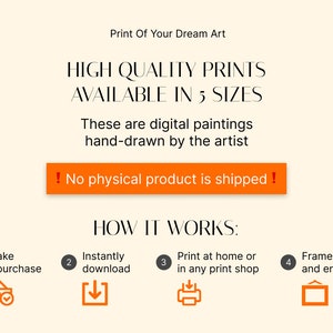 May include: A digital illustration showing how to purchase, download, print, and frame a digital painting. The illustration includes four steps: 1. Make a purchase, 2. Instantly download, 3. Print at home or in any print shop, and 4. Frame and enjoy! The text "Print Of Your Dream Art" is at the top of the image. The text "HIGH QUALITY PRINTS AVAILABLE IN 5 SIZES" is below the first text. The text "These are digital paintings hand-drawn by the artist" is below the second text. The text "No physical product is shipped!" is in a red box below the third text. The text "HOW IT WORKS:" is below the red box. The text "Make a purchase" is in a circle with the number 1. The text "Instantly download" is in a circle with the number 2. The text "Print at home or in any print shop" is in a circle with the number 3. The text "Frame and enjoy!" is in a circle with the number 4.