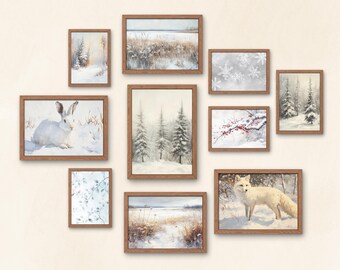 Vintage Winter Landscape Prints: Snowy Farmhouse Gallery Wall Art (Digital Download)