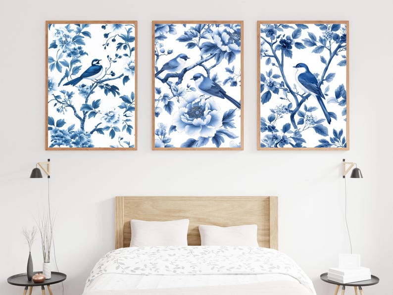 Antique Vintage Blue Chinoiserie Wall Art Prints, Set of 3 Botanical ...