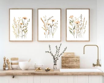 Neutral Wildflower Watercolor Print Set: Boho Gallery Wall Art (Digital Download)