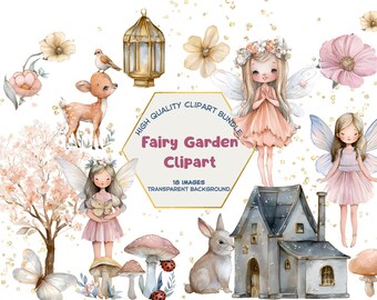 Watercolor Fairy Garden Clipart Bundle (PNG Digital Download)