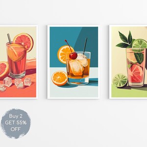 May include: Three colorful illustrations of cocktails with fruit garnishes. The first image shows a red cocktail with orange slices and ice cubes. The second image shows a yellow cocktail with an orange slice and a cherry. The third image shows a pink cocktail with a lime wedge and mint leaves. The text "Buy 2 GET 55% OFF" is below the images.