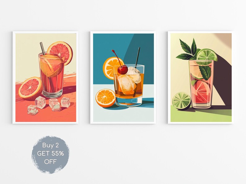 May include: Three colorful illustrations of cocktails with fruit garnishes. The first image shows a red cocktail with orange slices and ice cubes. The second image shows a yellow cocktail with an orange slice and a cherry. The third image shows a pink cocktail with a lime wedge and mint leaves. The text "Buy 2 GET 55% OFF" is below the images.