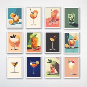 Set von 12 Cocktail Prints, Klassische Cocktail Wandkunst, Retro Cocktail Prints, Vintage Alkohol Prints, Bar Dekor, Instant Download