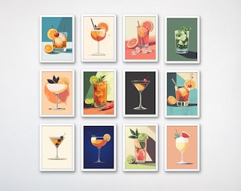 May include: Set of 12 printable cocktail illustrations. Each illustration features a different cocktail with colorful fruits and garnishes. The illustrations are in a vintage style with a white background.
