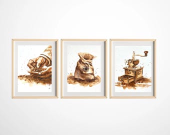 Coffee Set of 3, Watercolour Coffee Beans Wall Art, Vintage Coffee Grinder, Coffee Prints Set (Digital Download)