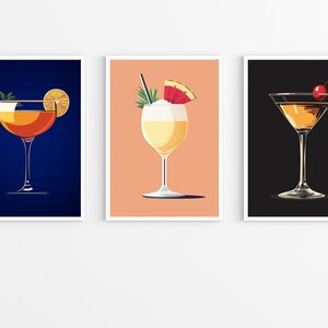 May include: Three different cocktail illustrations. The first is a dark orange cocktail with a lime wedge in a clear glass on a dark blue background. The second is a white cocktail with a pineapple and watermelon garnish in a clear glass on a peach background. The third is a light orange cocktail with a cherry garnish in a clear glass on a black background.