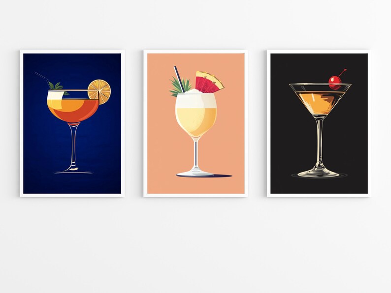May include: Three different cocktail illustrations. The first is a dark orange cocktail with a lime wedge in a clear glass on a dark blue background. The second is a white cocktail with a pineapple and watermelon garnish in a clear glass on a peach background. The third is a light orange cocktail with a cherry garnish in a clear glass on a black background.
