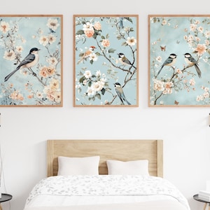 French Blue Chinoiserie Wall Art, Vintage Blue Wall Art Prints, Set of 3 Botanical Prints, Chinese Birds Art, Minimalist Gallery Wall Set