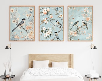 Chinoiserie Bird Print Set: French Blue Botanical Wall Art (Digital Download)