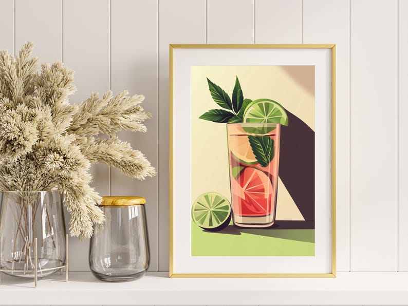 May include: A framed illustration of a glass of pink lemonade with lime slices and mint leaves. The background is a light yellow with a shadow cast from the glass.