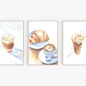 Conjunto de 3 impresiones originales: Impresión de acuarela de café y helado, póster de comida de cocina moderna, arte mural de panadería, decoración digital de cafetería