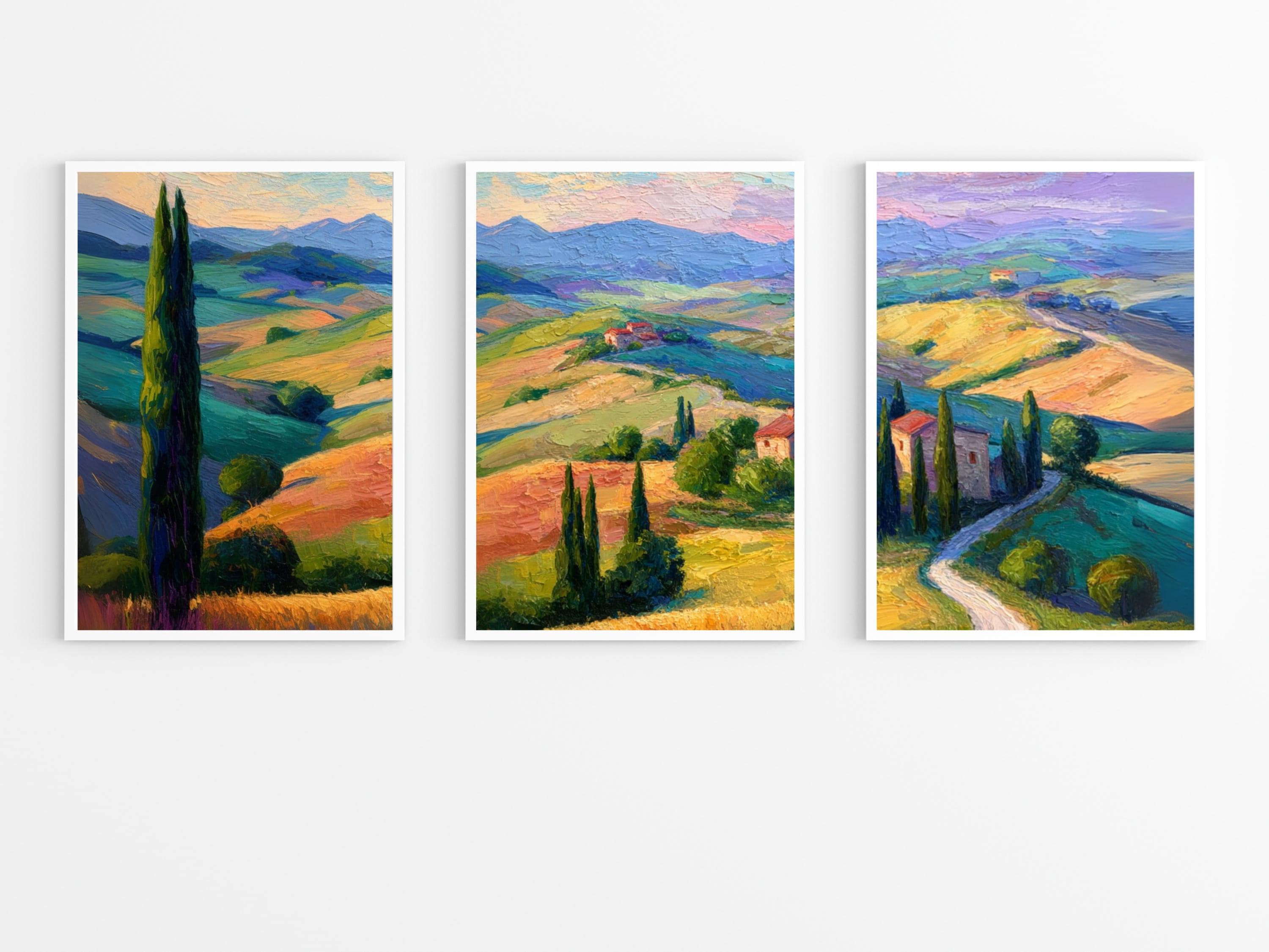 トスカーナ風景プリントセット：ヴィンテージイタリア都市景観三連画