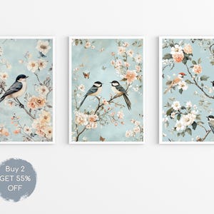 French Blue Chinoiserie Wall Art, Vintage Blue Wall Art Prints, Set of 3 Botanical Prints, Chinese Birds Art, Minimalist Gallery Wall Set