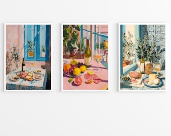 Láminas de comida y vino mediterráneos, decoración de cocina costera (descarga digital)