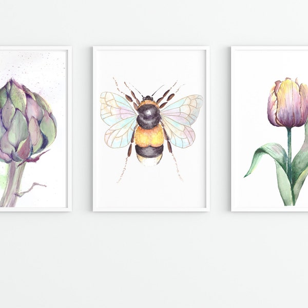 Tulip and Wildflower Prints, Colorful Floral Painting, Bedroom Wall Art, Set of 3, Spring Wall Art, Nature Lover Gift, Home Decor