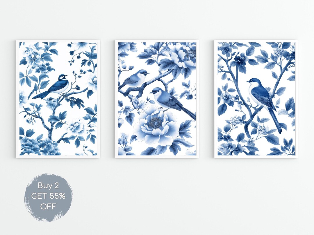 Antique Vintage Blue Chinoiserie Wall Art Prints, Set of 3 Botanical ...