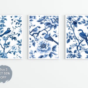 Antique Vintage Blue Chinoiserie Wall Art Prints, Set of 3 Botanical Posters, Blue Botanical Gallery Wall Set, Minimalist Bird Prints