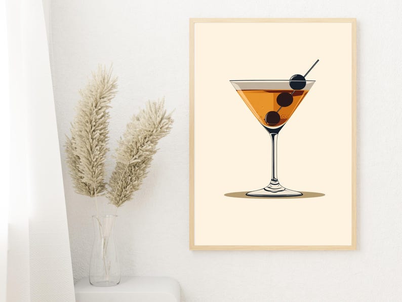 May include: A printable art print featuring a minimalist illustration of a martini glass with olives. The glass is filled with a light orange liquid and the background is a light beige color.