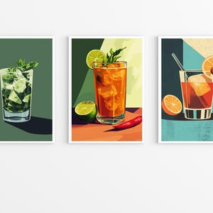 May include: Three colorful illustrations of cocktails in glasses. The first is a green cocktail with mint leaves, the second is an orange cocktail with a lime wedge and a red chili pepper, and the third is a red cocktail with a cherry and an orange slice.