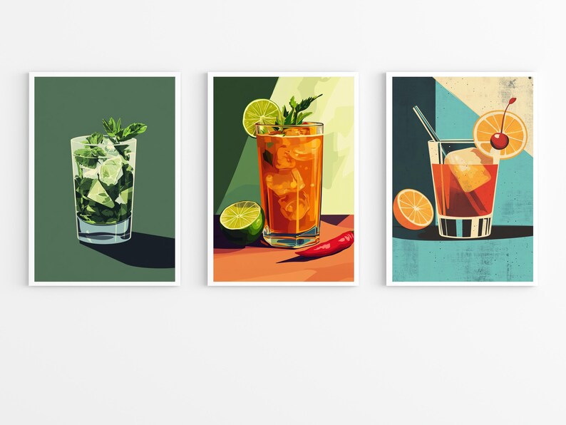 May include: Three colorful illustrations of cocktails in glasses. The first is a green cocktail with mint leaves, the second is an orange cocktail with a lime wedge and a red chili pepper, and the third is a red cocktail with a cherry and an orange slice.