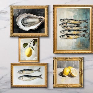 Still Life Print Set, Lemons, Sardines and Oyster Oil Painting Prints, Still Life Original French Kitchen Digital Art