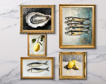 Still Life Print Set, Lemons, Sardines and Oyster Oil Painting Prints, Still Life Original French Kitchen Digital Art, Restaurant Fish Art