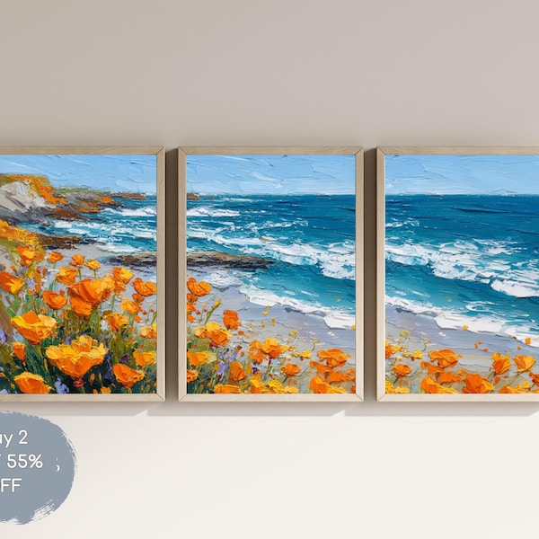 California Poppy Prints Set, Coastal Impasto Oil Painting (Digital Download)