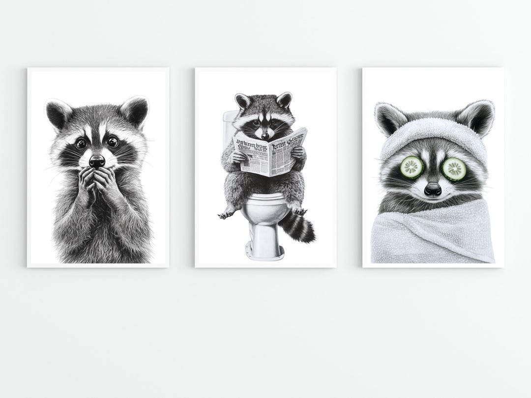 Raccoon Bathroom Prints Set: Funny Animal Wall Art (digital Download ...