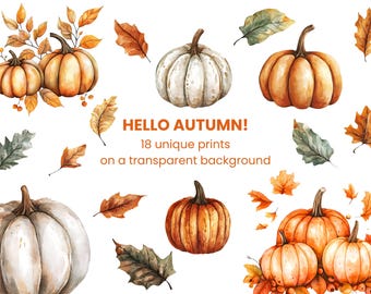 Watercolor Fall Clipart: Pumpkins, Cats & Autumn Leaves (PNG Digital Download)