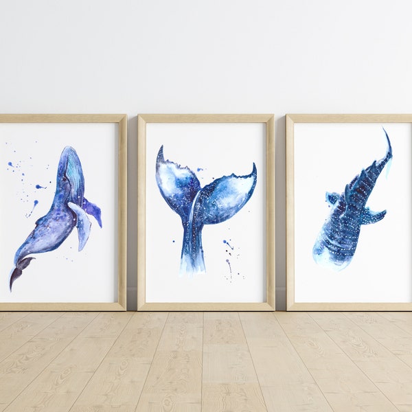 Whale Art Print, Colorful Wall Decor, Boho Playroom Art, Printable Watercolor, Set of 3, Nature Wall Art, Ocean Decor, Under the Sea