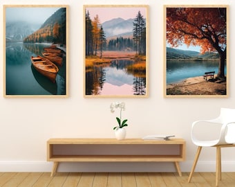 Autumn Lake Photography Print Set, Fall Landscape Wall Art (Digital Download)