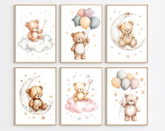 Teddy Bear Nursery Prints set of 6: Neutral Kids Room Wall Art (Digital Download)